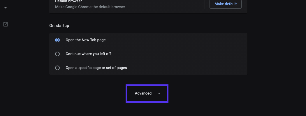 Klik op Advanced onderaan de pagina met instellingen