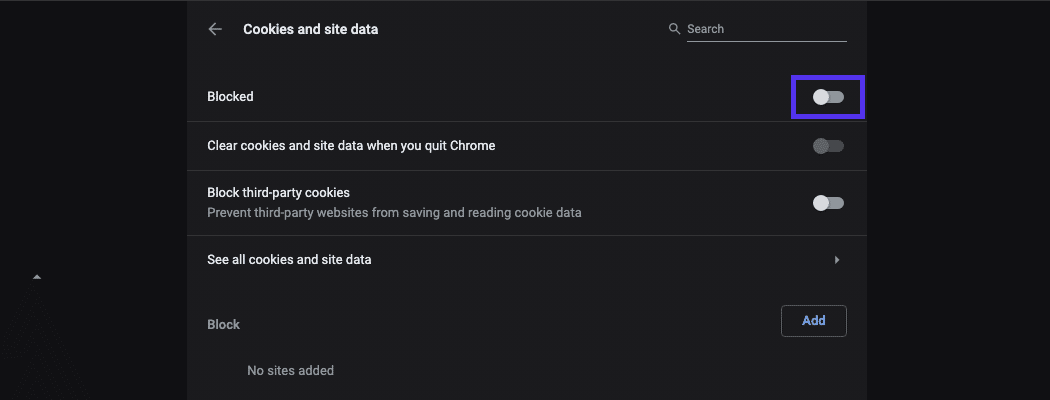 Chrome cookies and site data options