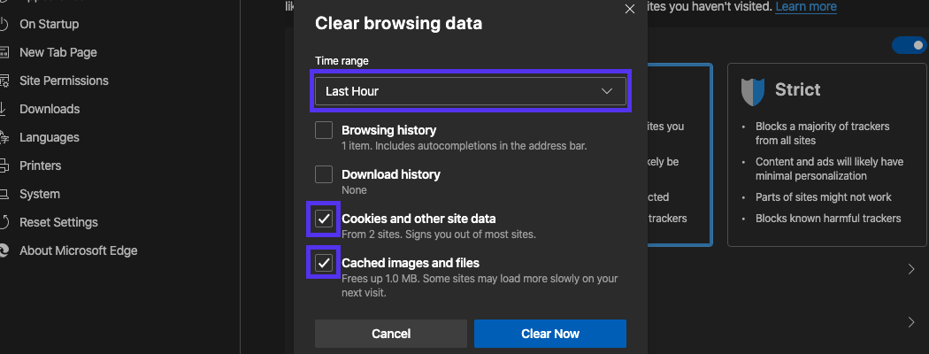 Clear browsing data pop-up