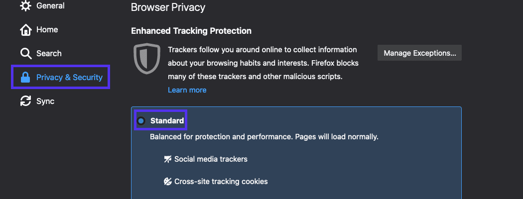 Controleer dat Standard aan staat voor Enhanced Tracking Protection