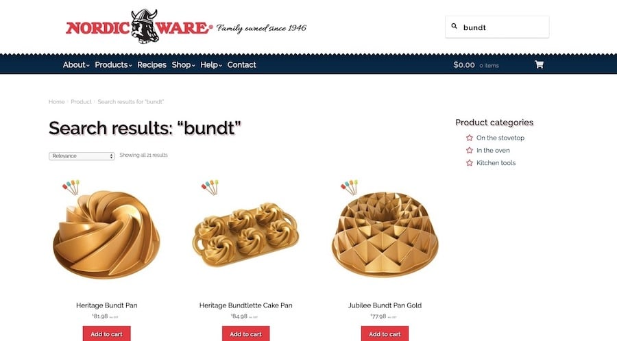 A search for “bundt” on the Nordic Ware website reveals a number of results that match the query.