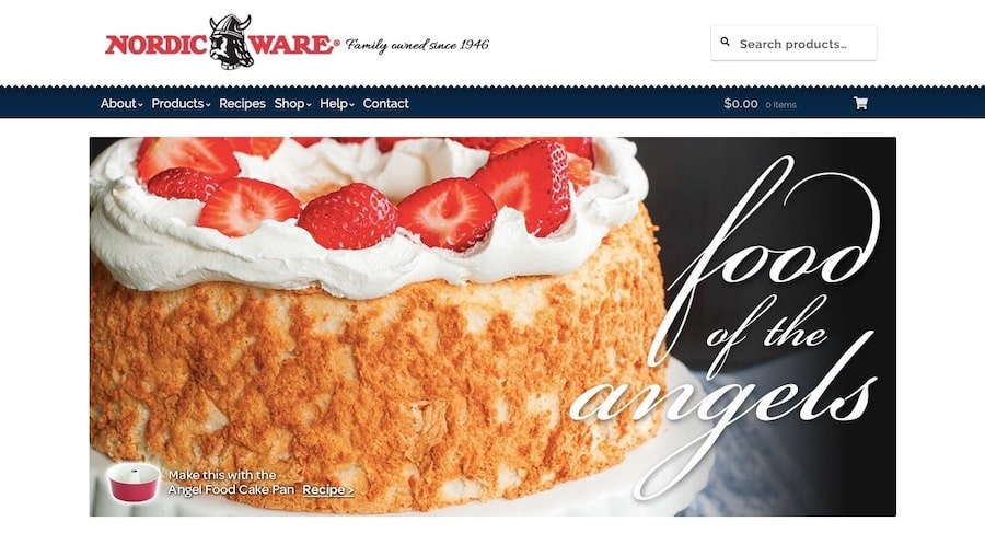 The Nordic Ware ecommerce and recipe site uses a product search bar in its header.