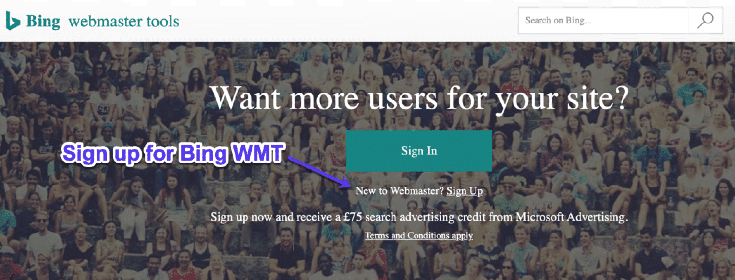 Sign up page for Bing Webmaster Tools