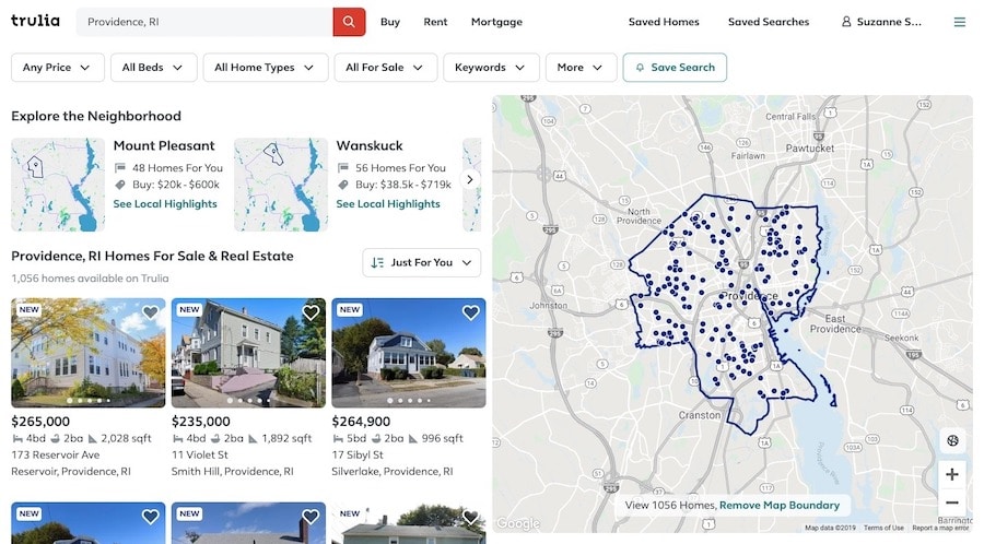 An example of a search results page for “Providence, RI” homes for sale on the Trulia site.