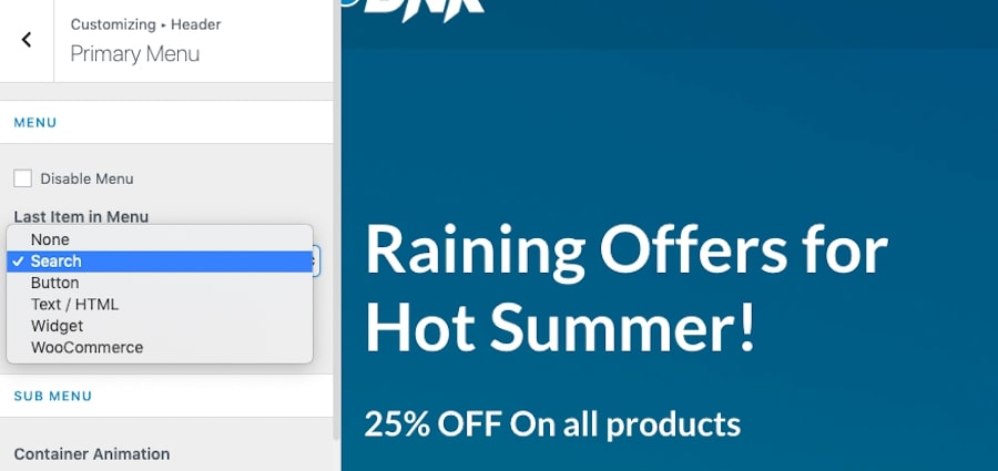 How to add the search bar to a WordPress menu using the theme’s Customizer settings.