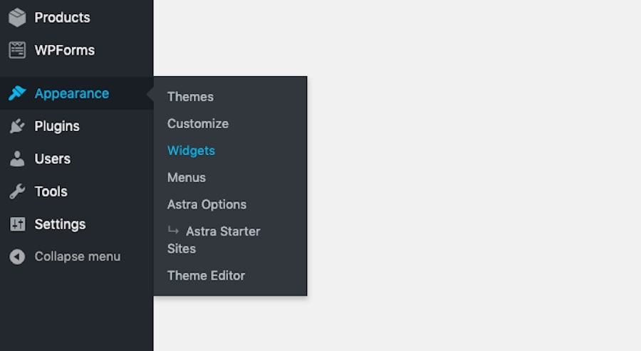 How to locate the Widgets menu in WordPress.