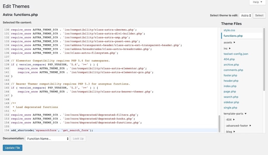 Open the functions.php file from the WordPress theme editor.