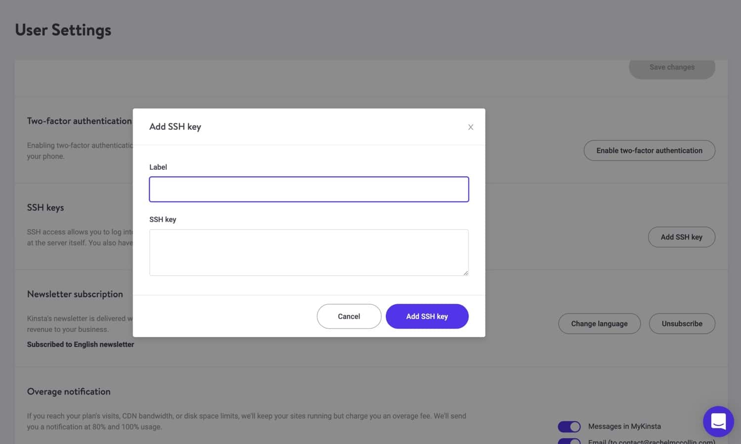 Adding SSH key in MyKinsta