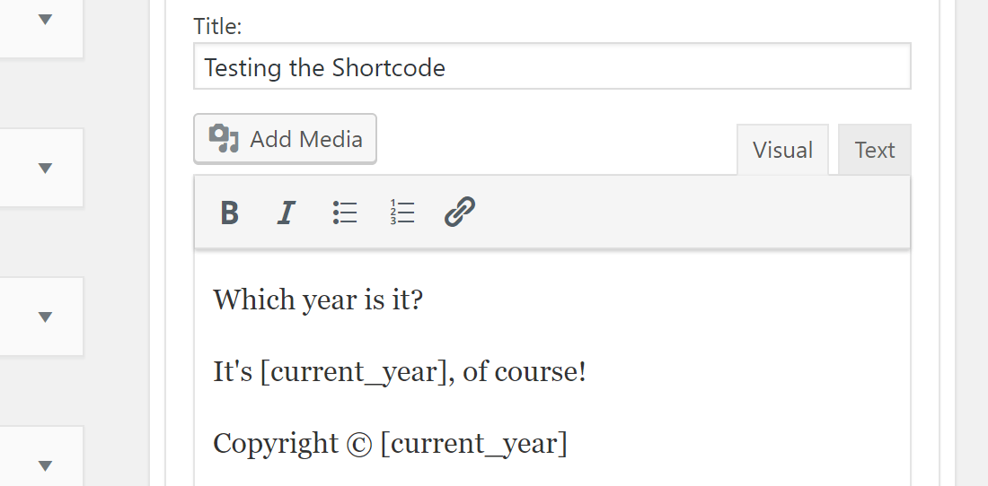 Testing the current year shortcode by placing it in the sidebar text widget