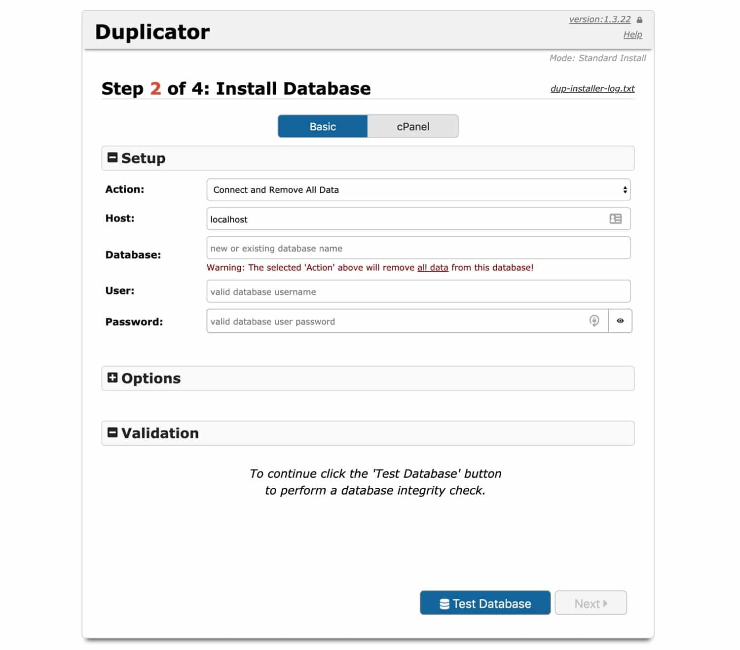 Creating the database in duplicator