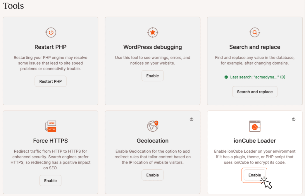 A screenshot of the ionCube loader option in the MyKinsta Tools collection