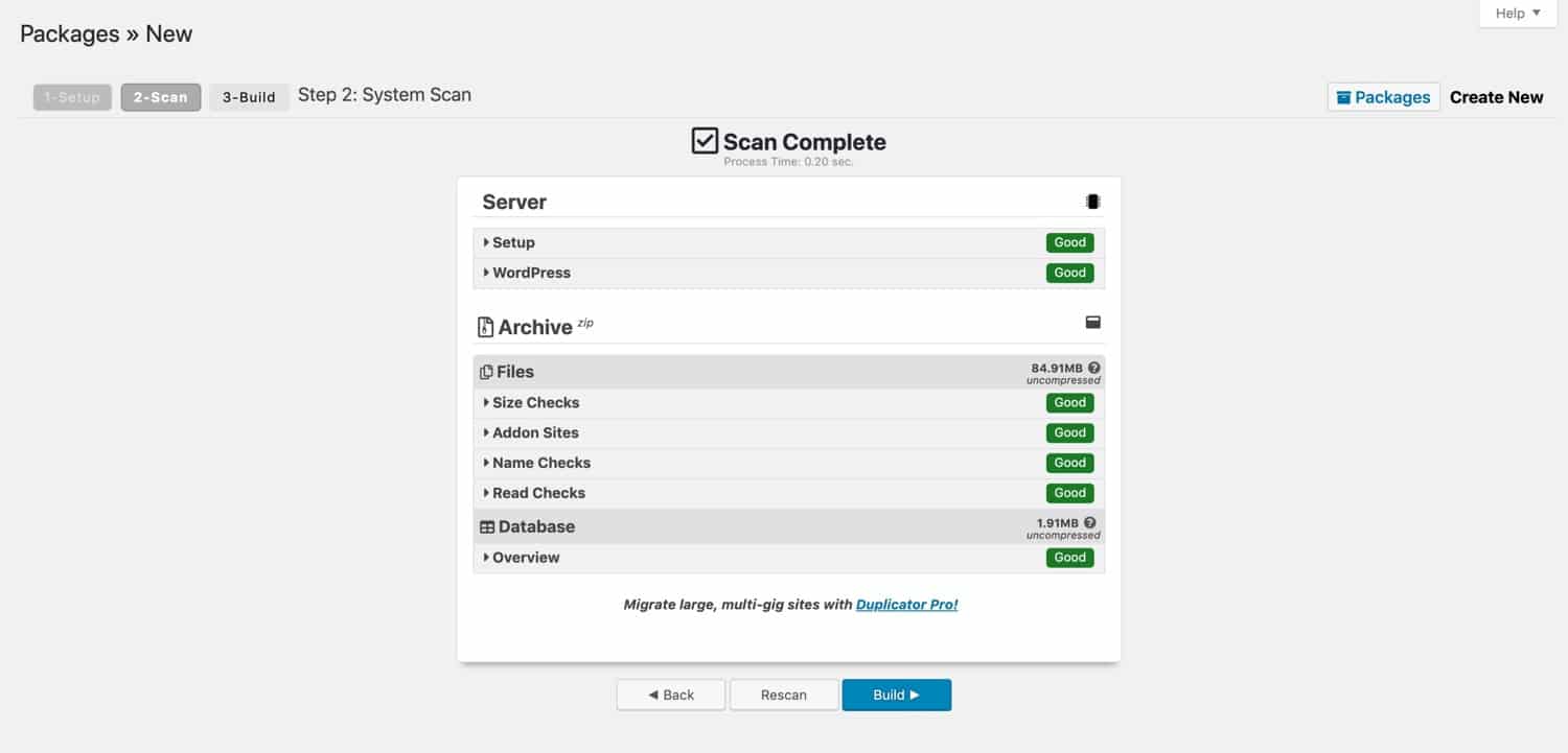 migrate WordPress site: Package scan