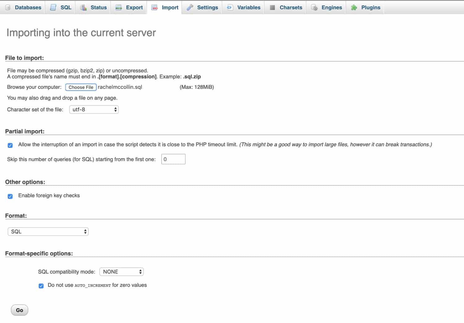 Uploading database tables