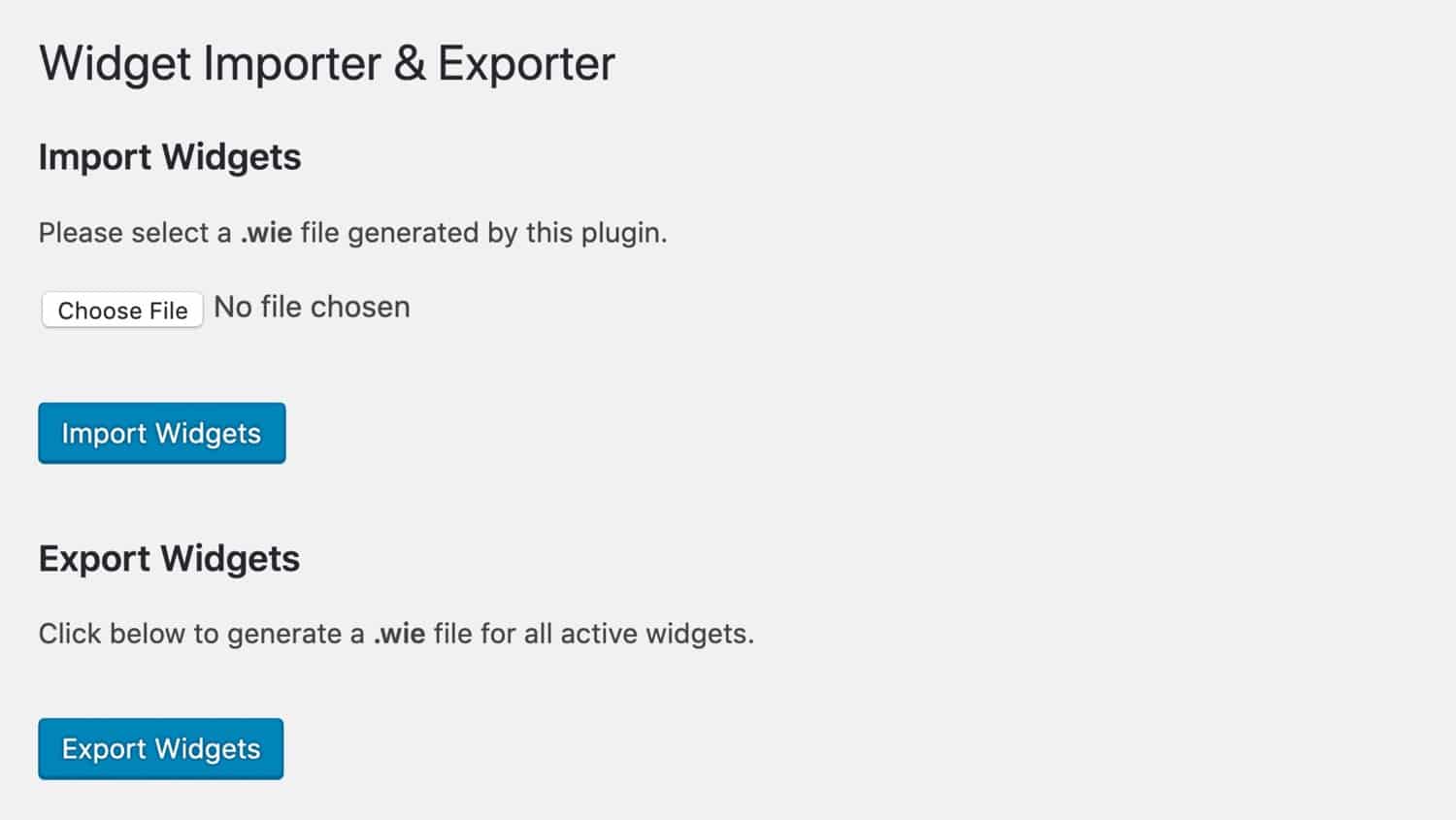 The widget import export screen
