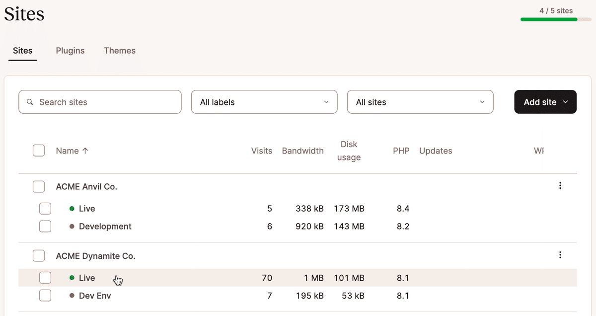 Uno screenshot che mostra l'elenco degli ambienti WordPress all'interno della dashboard MyKinsta.
