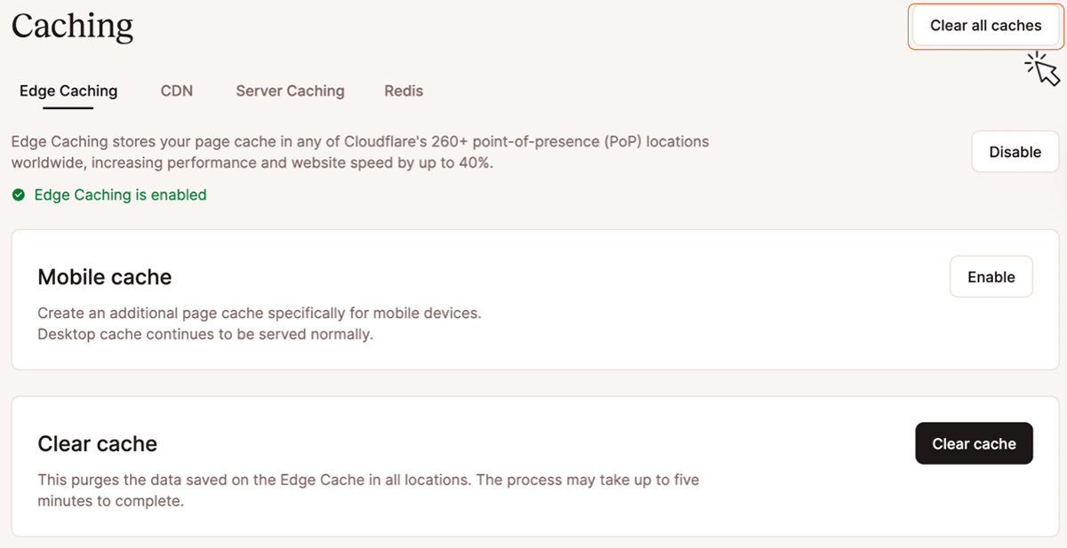 Screenshot che mostra i controlli della cache all'interno della dashboard MyKinsta.