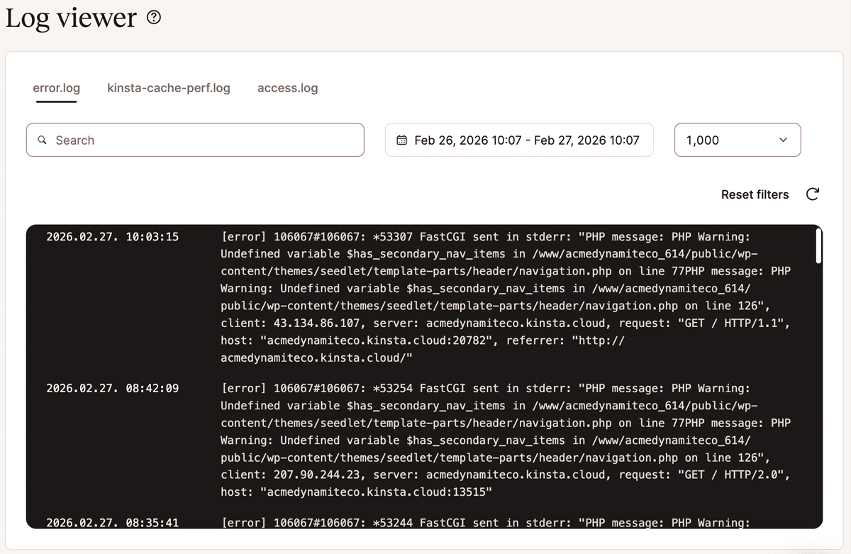 Screenshot di un registro degli errori visualizzato nella dashboard di MyKinsta.