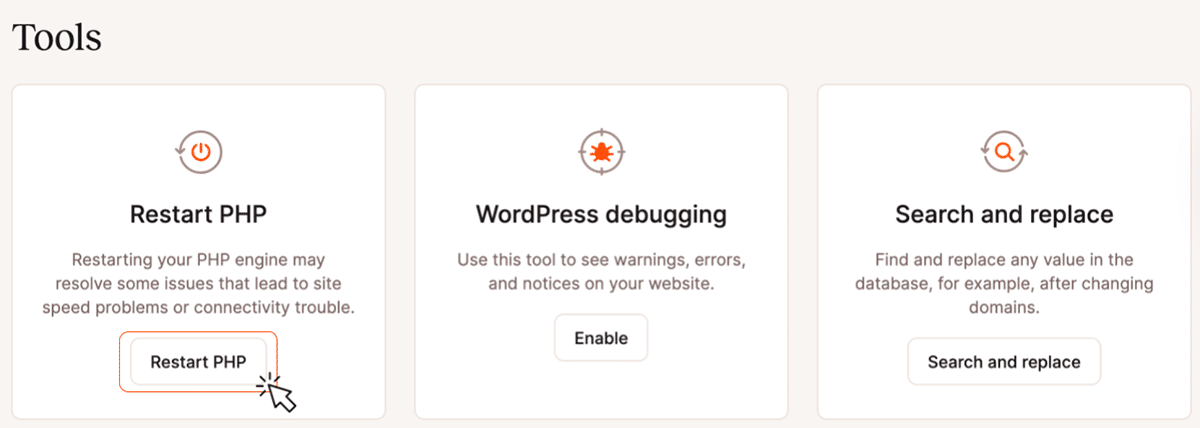Screenshot: Riavviare PHP utilizzando gli strumenti MyKinsta.