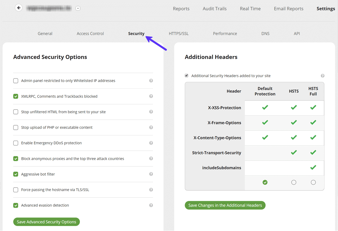 Sucuri Cloud Firewall WAF security settings panel