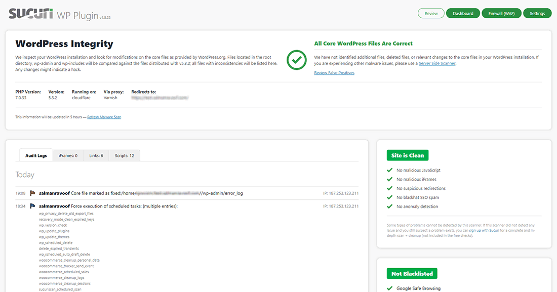 Sucuri Dashboard after quashing the false positive