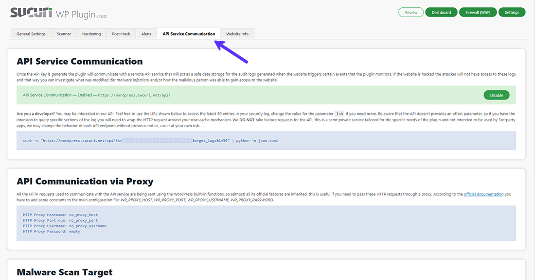 Sucuri Security API Service Communication settings panel