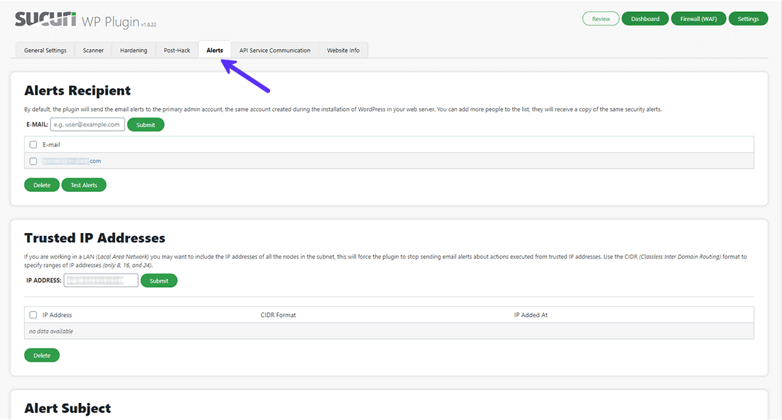 Sucuri Security Alerts settings panel