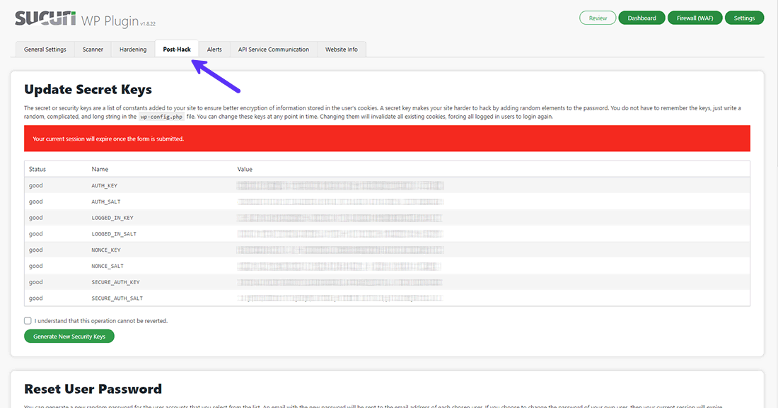 Sucuri Security Post Hack Settings panel