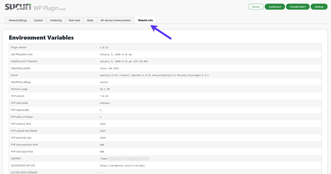 Sucuri Security Website Info tab