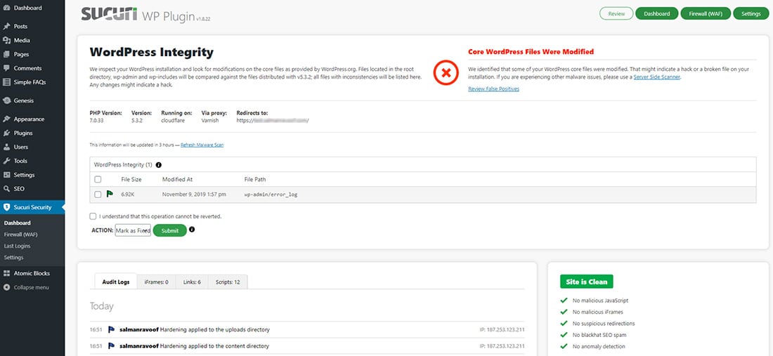 The Sucuri Security plugin dashboard