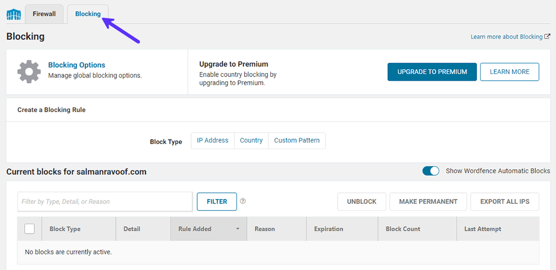 Wordfence Firewall Blocking settings tab