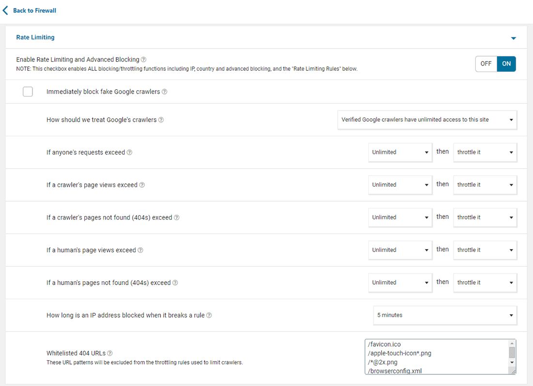 Wordfence Firewall options Rate Limiting settings