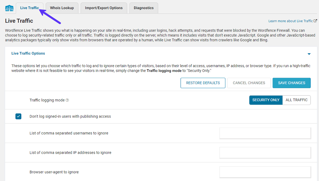 Wordfence Tools Live Traffic panel