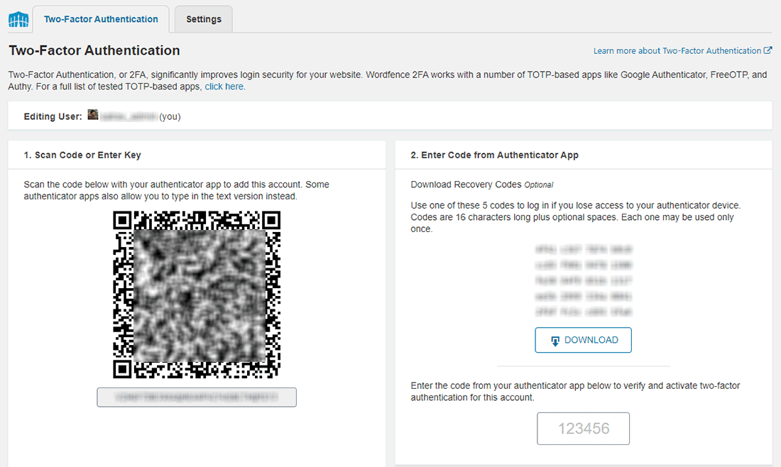 Wordfence Two-Factor-Authentication login security panel