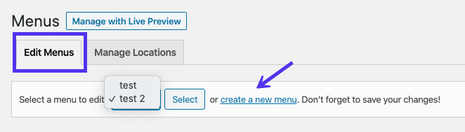 The create a new menu link at the top of the WordPress menu editor