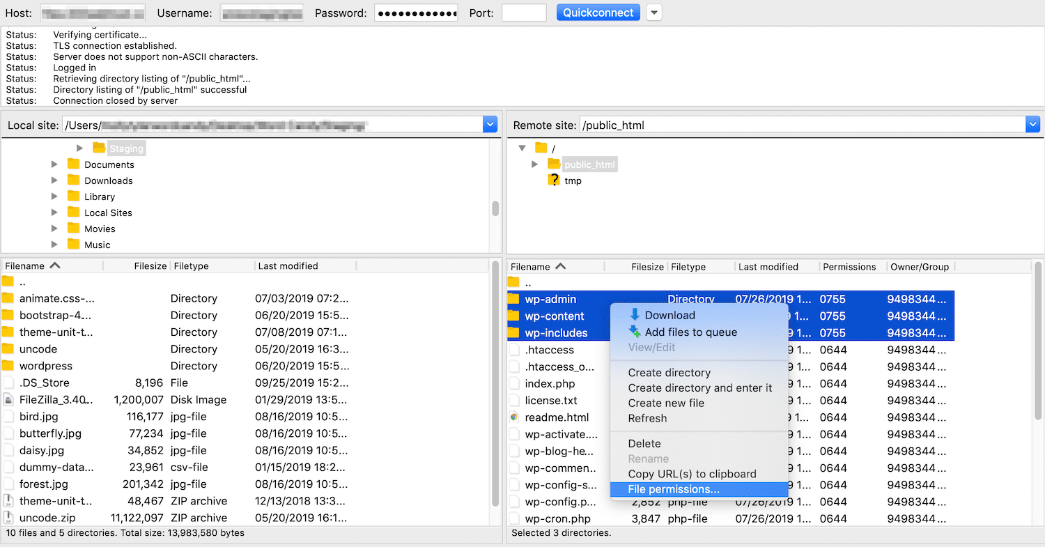 change file permissions in core ftp le