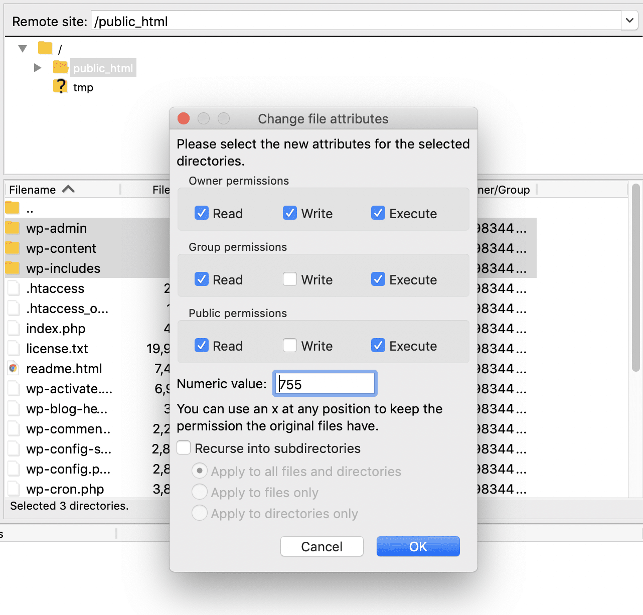 change file permissions in core ftp le