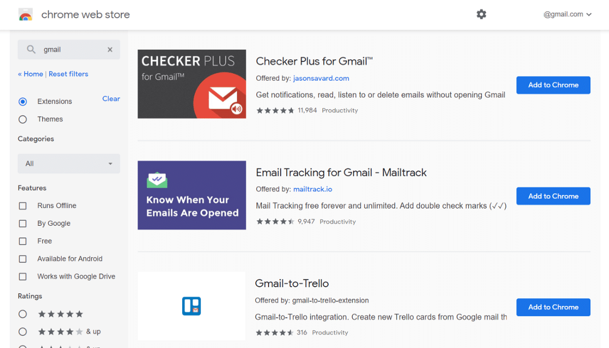 Gmail-sökning i Chrome Web Store