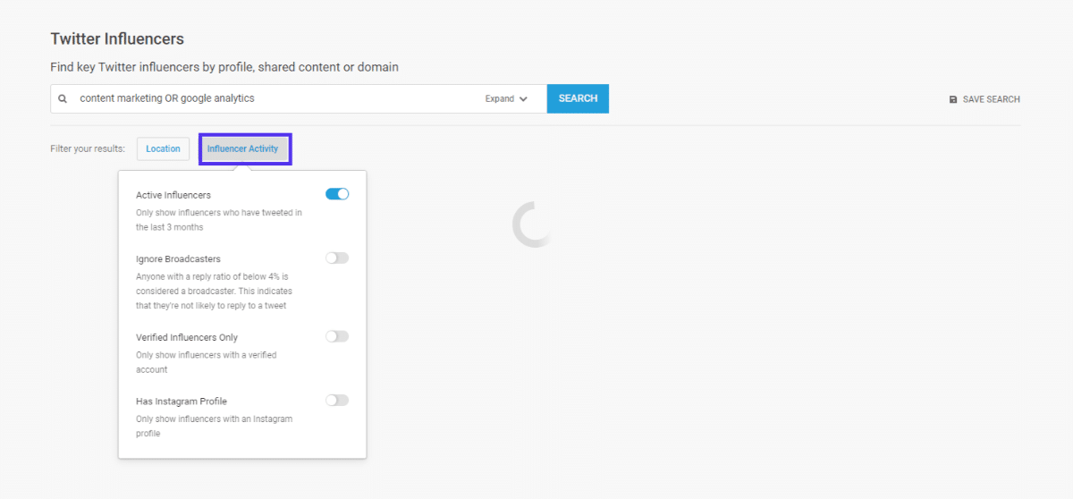 influencer activity filter buzzsumo