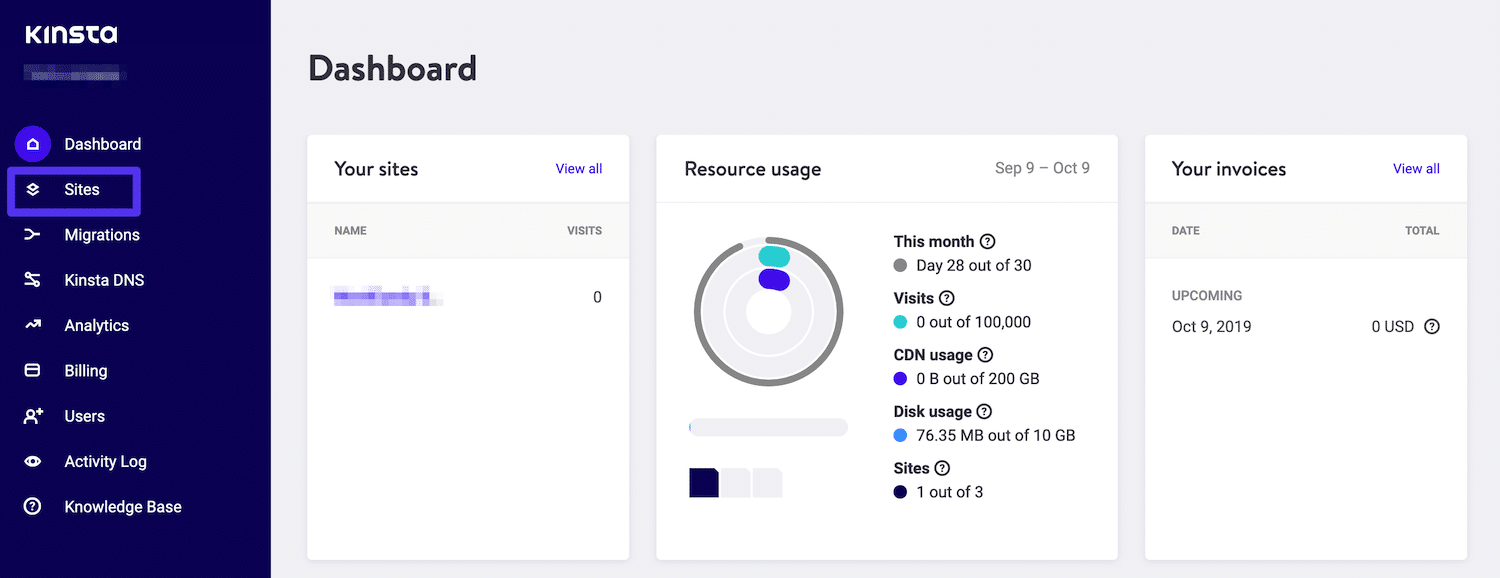 kinsta dashboard sites