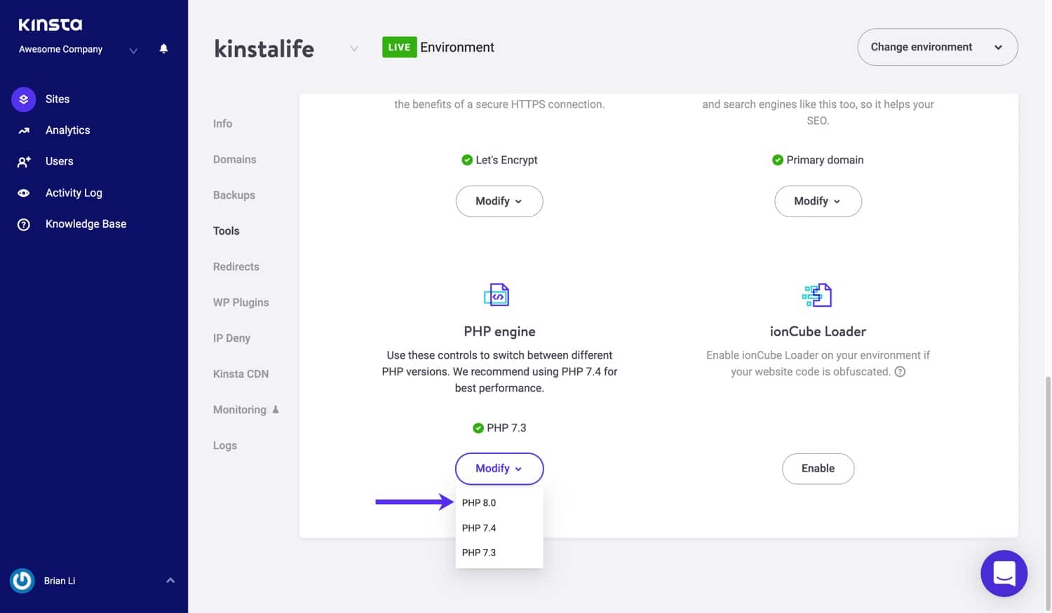 Kinsta supports PHP 7.3, 7.4, and 8.0.