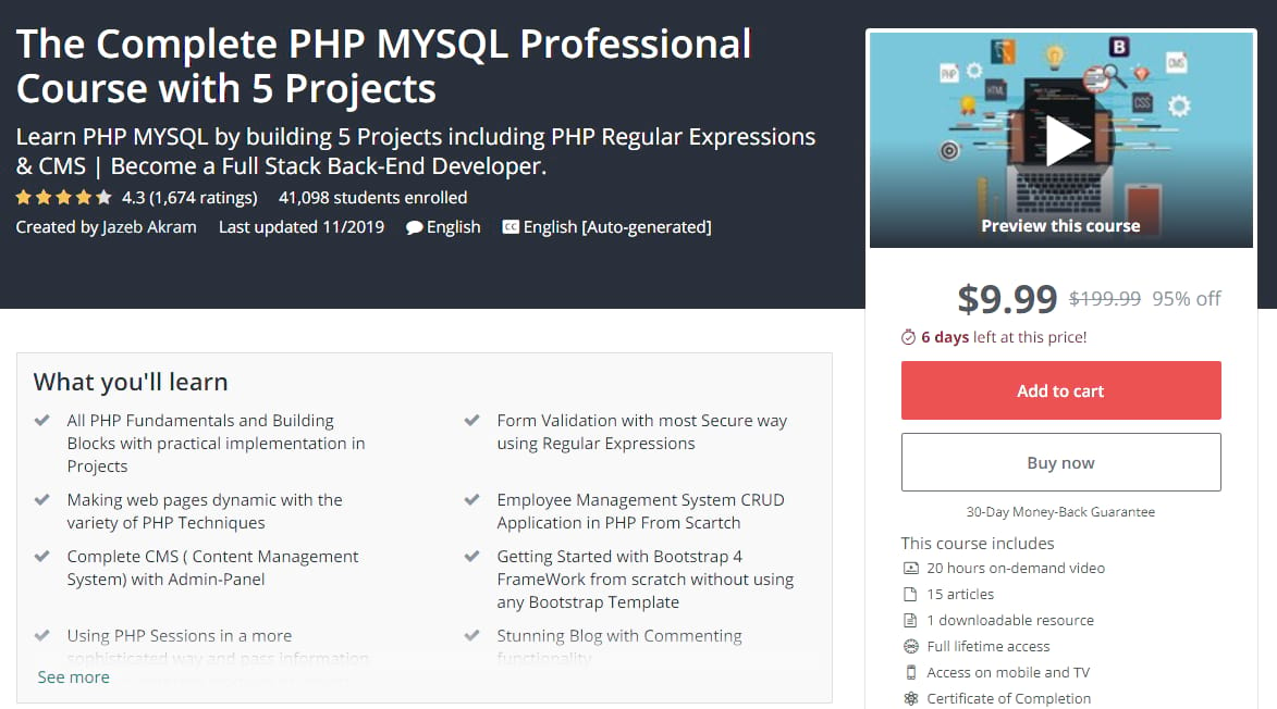 PHP MYSQL Professional Kurs på Udemy