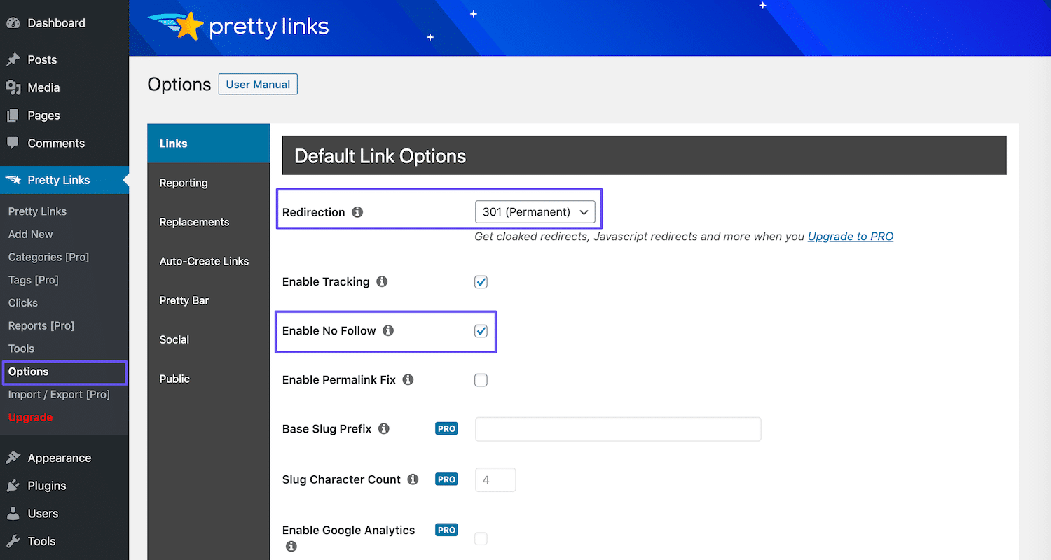 pretty links options