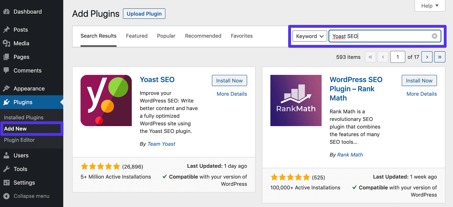 Søger efter Yoast SEO i WordPress dashboard.