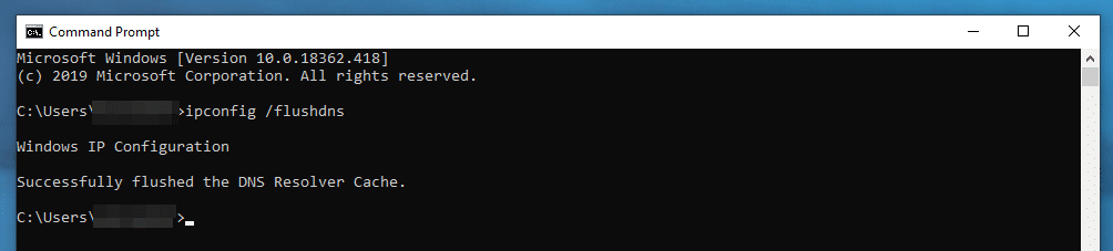 De bevestiging van de Command Prompt dat de DNS cache leeg is