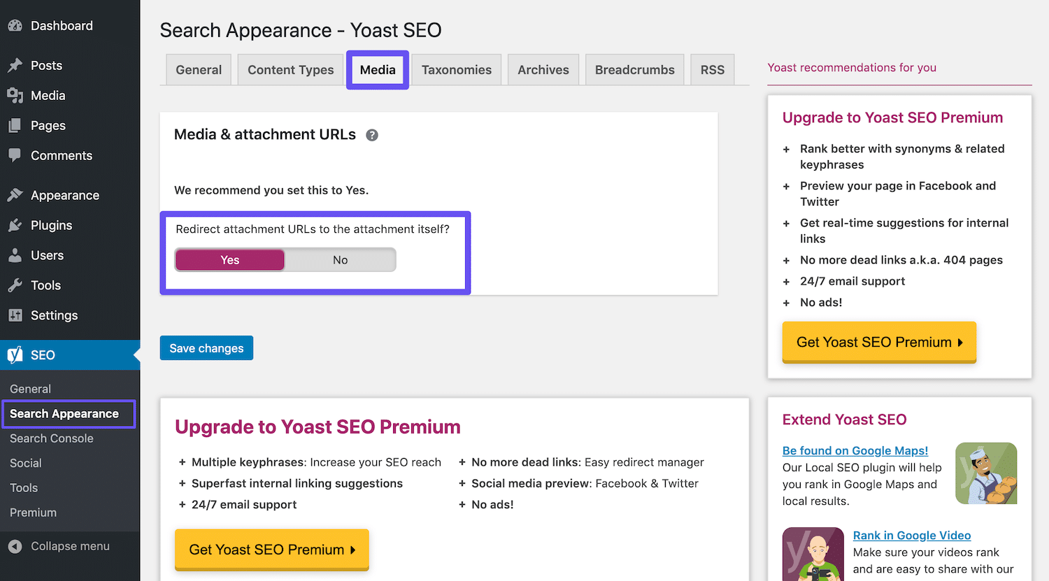 Yoast SEO attachment redirects indstilling.