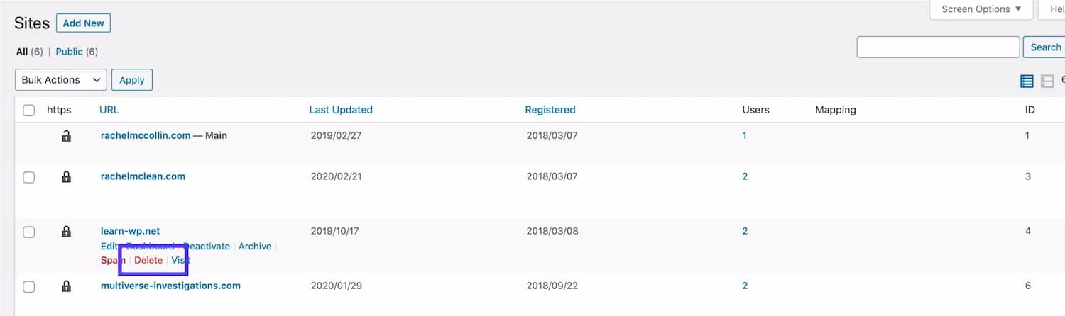 Deleting a site in a WordPress Multisite Network