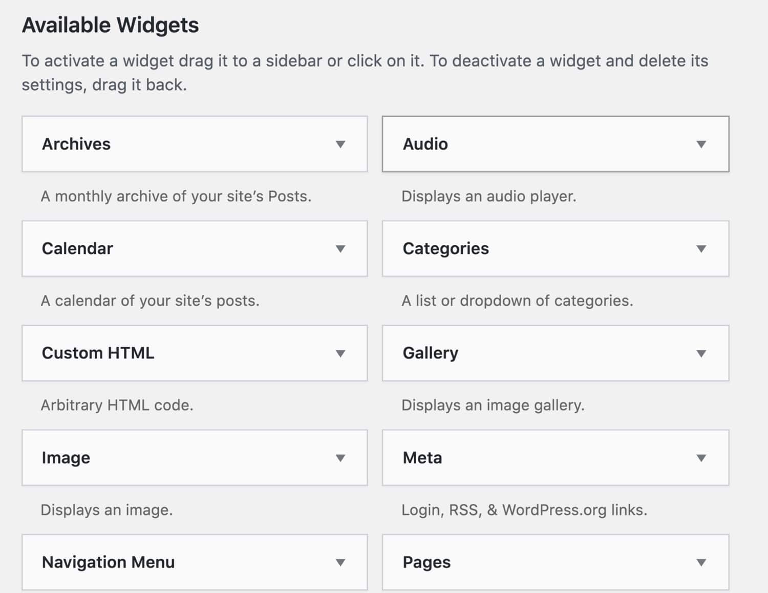 Pre-installed WordPress widgets