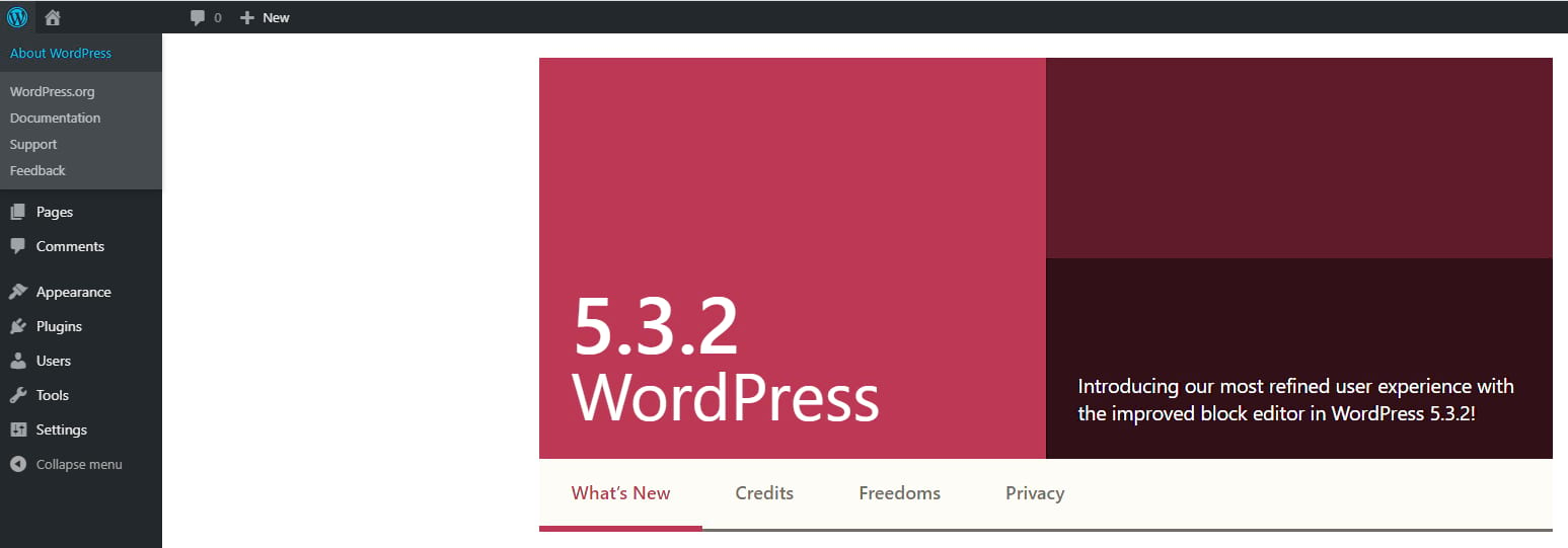 check WordPress version: About WordPress screen