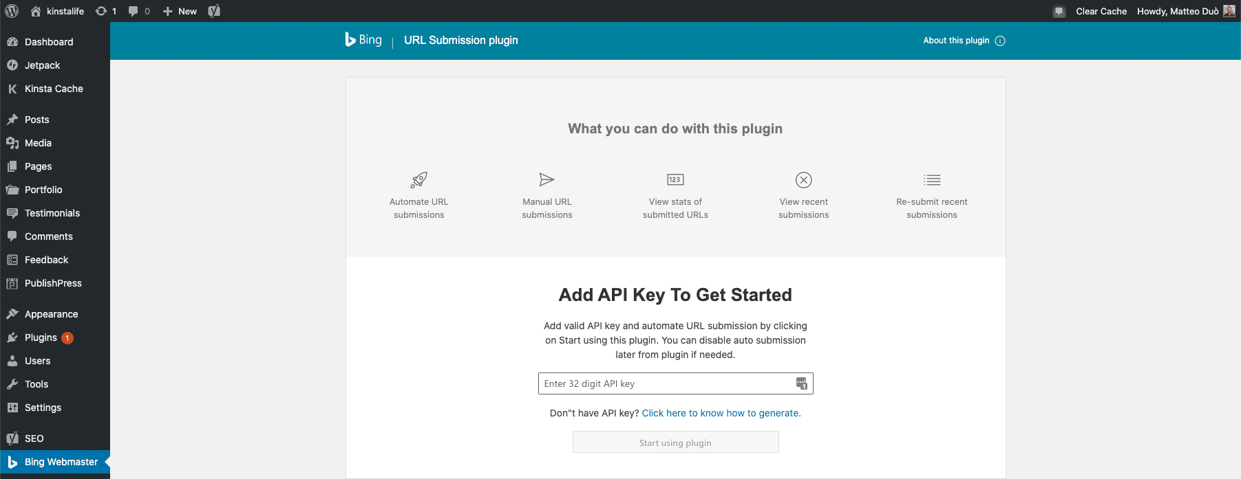 Activating the Bing URL Submissions WordPress Plugin