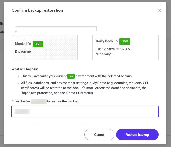 Restoring backups through MyKinsta